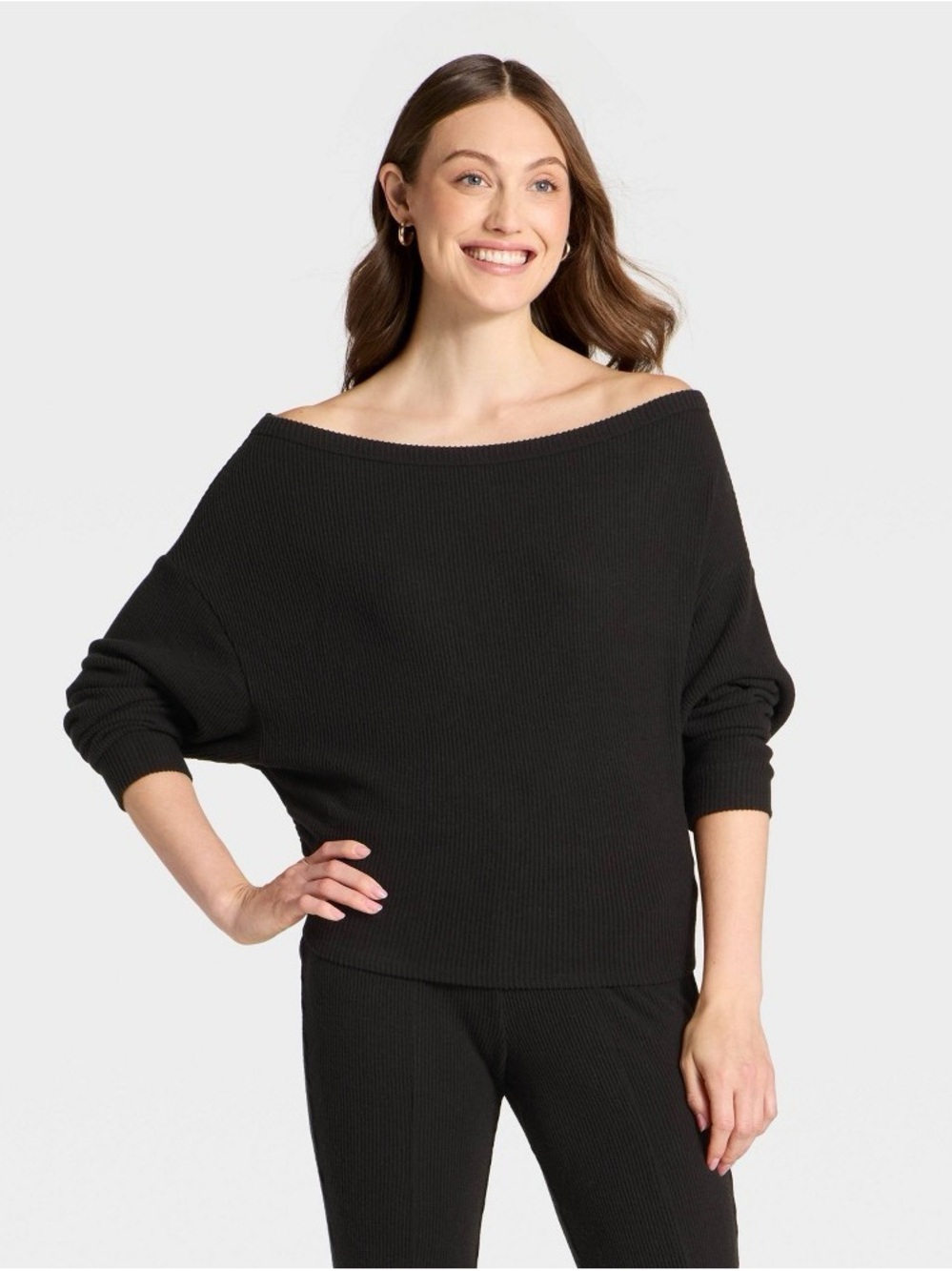 Off-Shoulder Ribbed Long Sleeve Top - Black b171s